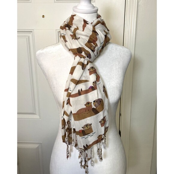 Monterey Aquarium Bay Women’s Scarf Design By Alexander Vidal Sea Otters 27/66" - Picture 1 of 8